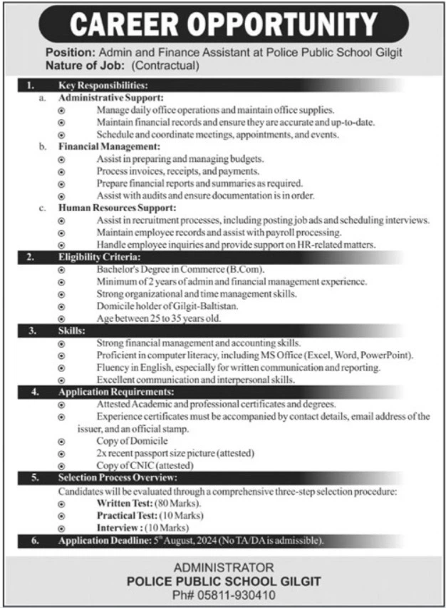 Career Opportunity at Police Public School Gilgit 2024