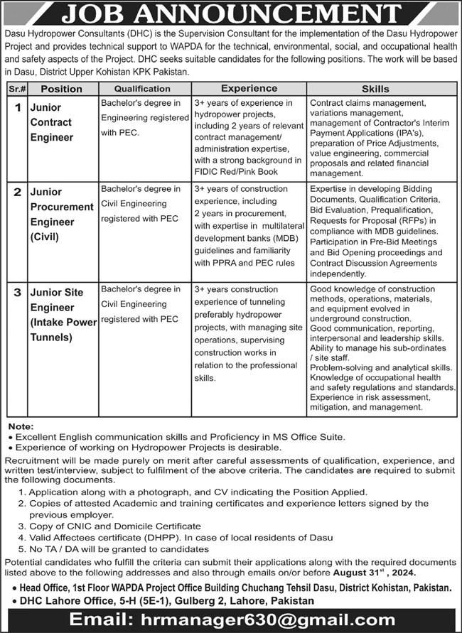 Latest Water and Power Development Authority Wapda Dassu Jobs 2024