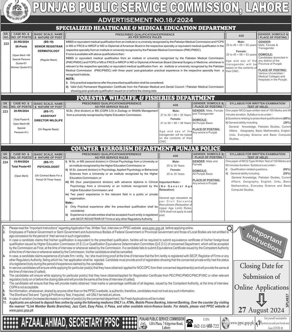 Latest Punjab Public Service Commission PPSC Jobs in Lahore 2024