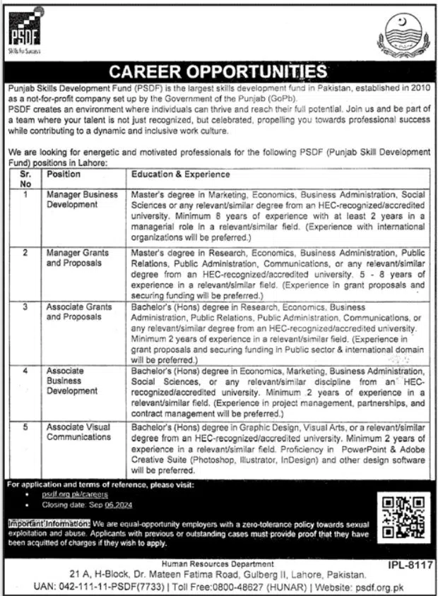 The Punjab Skills Development Fund PSDF Lahore Jobs 2024