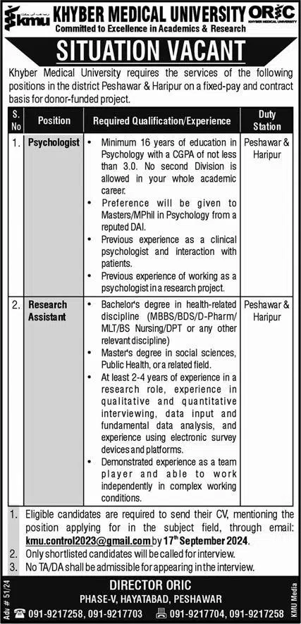 The Khyber Medical University Peshawar KMU Jobs 2024