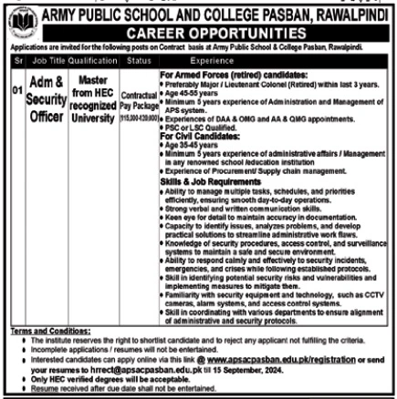 Latest Army Public School & College Rawalpindi Job 2024