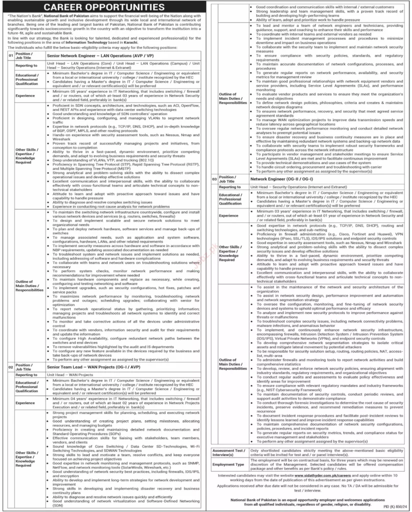 Position Available At National Bank Of Pakistan NBP Jobs 2024 Online Apply