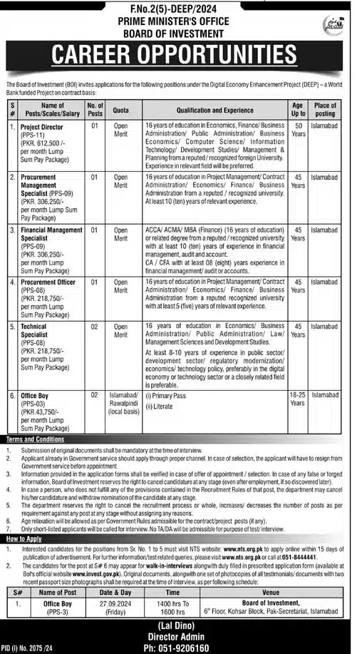 Vacant Post at Prime Minister Office Board of Investment 2024