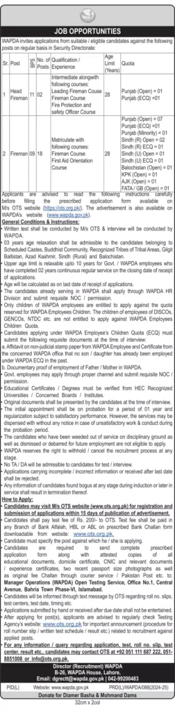 Vacant Post at Water And Power Development Authority Wapda Jobs