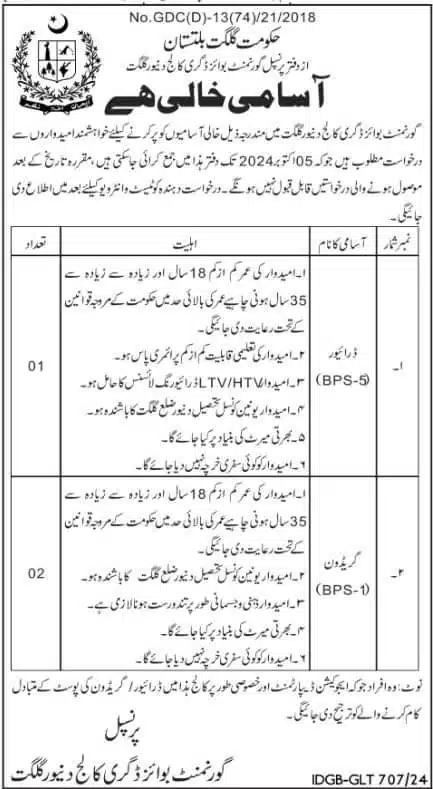 Govt Boys Degree College Danyor Gilgit Jobs-2024