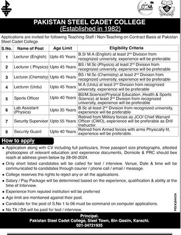  Pakistan Steel Cadet College Karachi 2024 | Teaching Jobs in Karachi