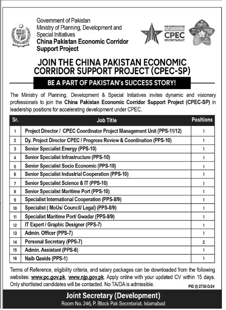 The Govt of Pakistan CPEC-SP Jobs 2024 Pakistan