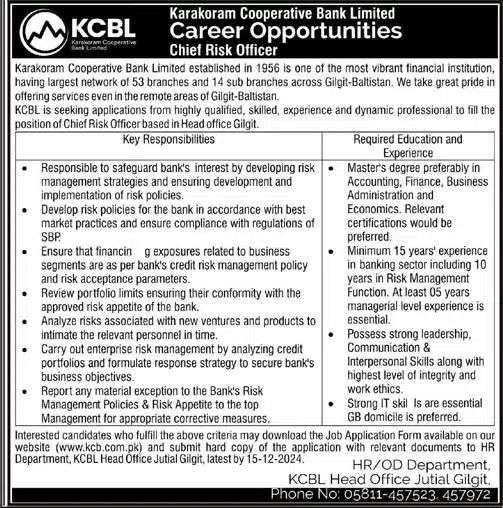 The KCBL Chief Risk Officer Jobs 2024