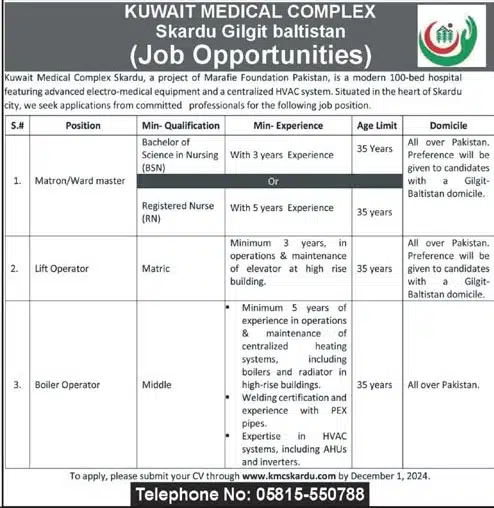 Kuwait Medical Complex KMC Jobs 2024 in Gilgit Baltistan