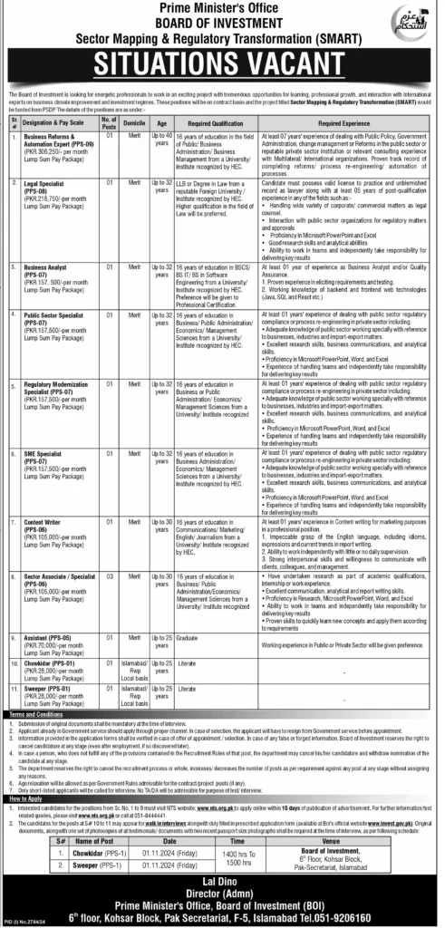 The Prime Minister Office BOI Jobs 2024 Online apply