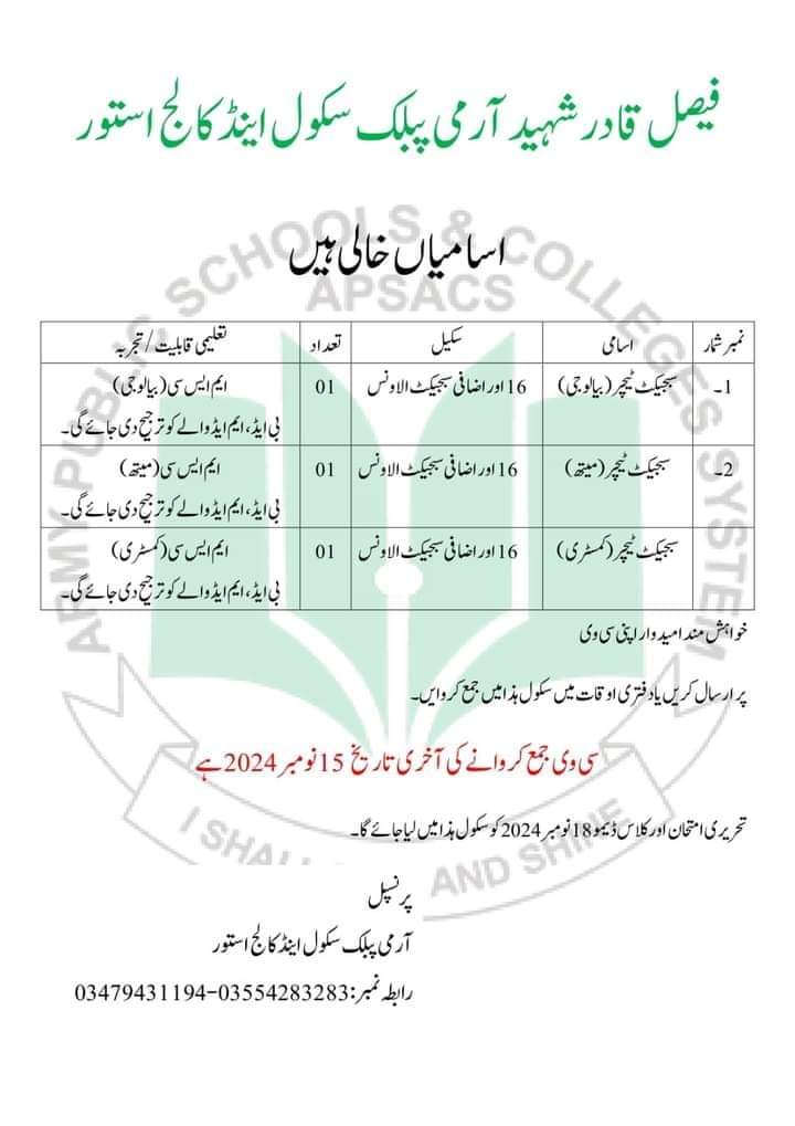 Army Public School and College Astore Teaching Jobs 2024