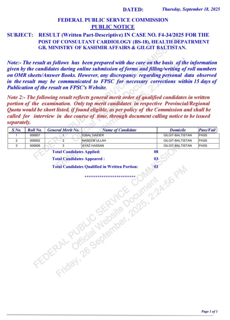 7. Consultant Cardiology - Case No. F4-34/2025 - Gilgit-Baltistan 