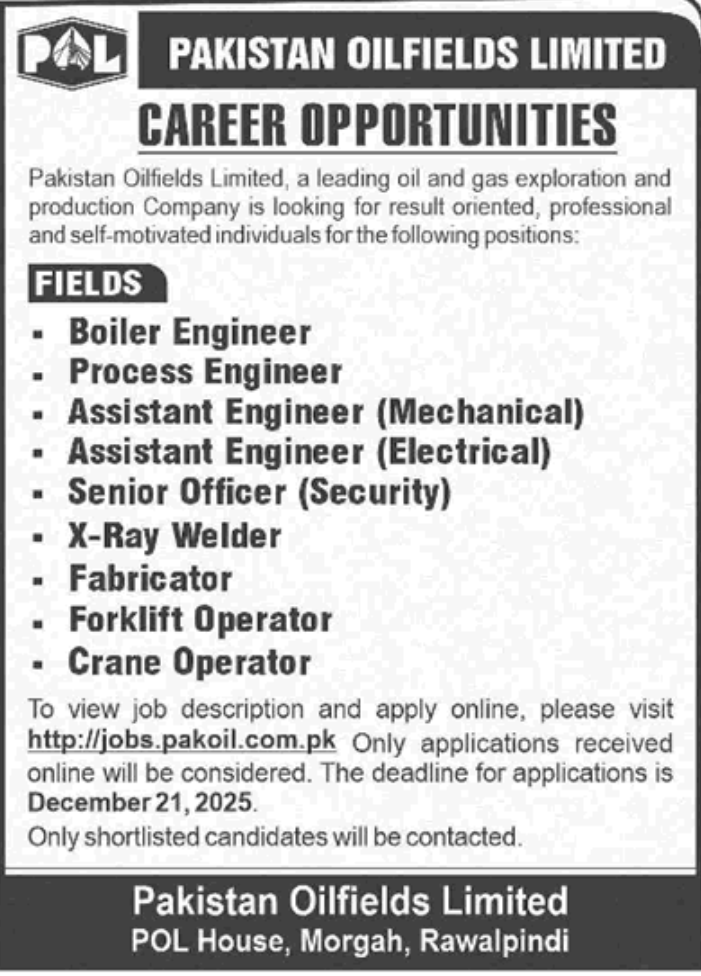Apply Online for Pakistan Oilfields Limited Jobs December 2025 ...
