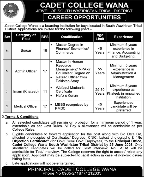 Cadet College Wana Jobs 2026 Career Opportunities for Bursar, Admin Officer 1 Cadet College Wana Jobs 2026: Career Opportunities for Bursar, Admin Officer, Imam Khateeb & Medical Officer - Apply by 25 June 2026