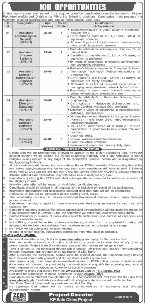 KP Safe Cities Project Jobs 2026: Apply Online via ETEA
