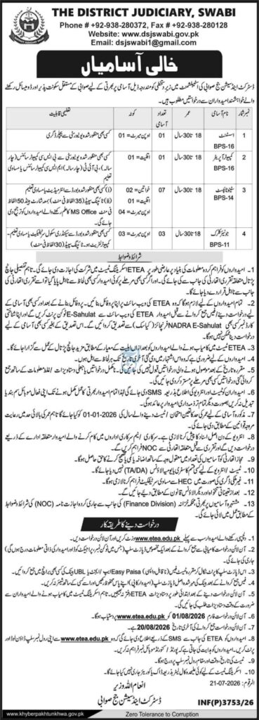 District Judiciary Swabi Jobs 2026: Apply Online via ETEA
