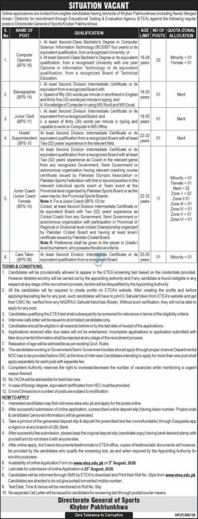 Directorate General of Sports KPK Jobs 2026: Apply Online via ETEA