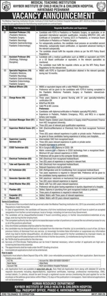 MTI Khyber Institute of Child Health Peshawar Jobs 2026: Apply Now