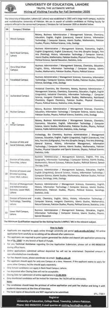 University of Education Lahore Visiting Faculty Jobs Fall 2026: Apply Online