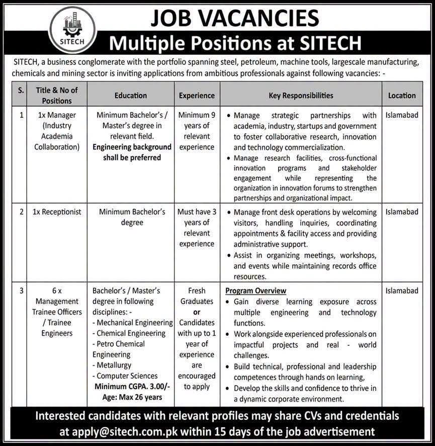 SITECH Islamabad Jobs 2026: Multiple Vacancies Announced