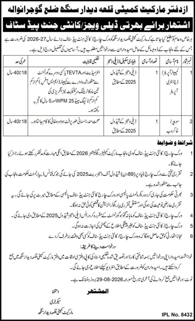 Market Committee Qila Didar Singh Jobs 2026