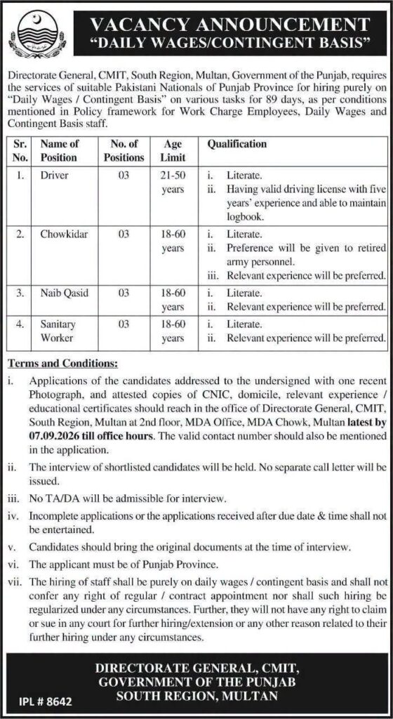 CMIT South Region Multan Jobs 2026