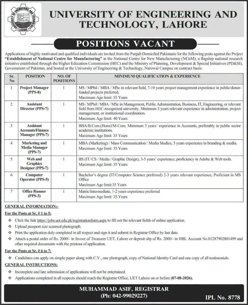 UET Lahore Jobs 2026: NCnM Vacancies