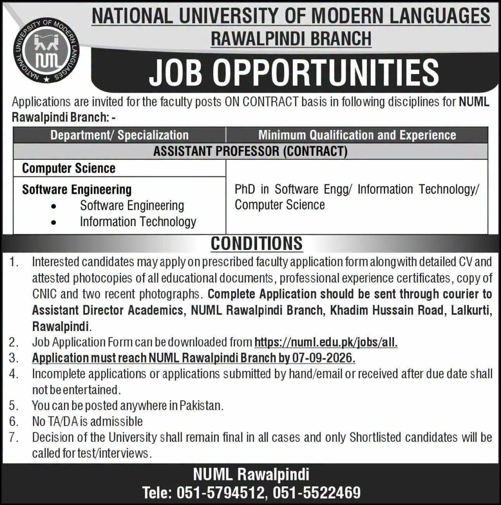 NUML Rawalpindi Jobs 2026 | Apply for Assistant Professor Jobs