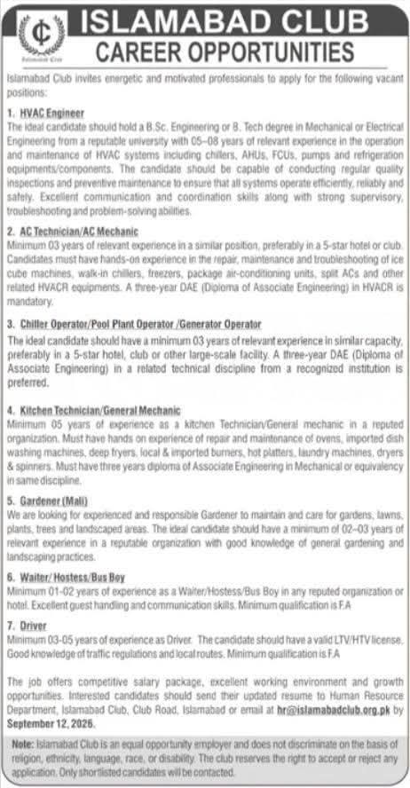 Islamabad Club Careers 2026 | Hospitality & Technical Vacancies 1 Islamabad Club Careers 2026 | Hospitality & Technical Vacancies