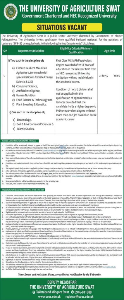 University of Agriculture Swat Jobs 2026: Apply Online via ETEA for Lecturer