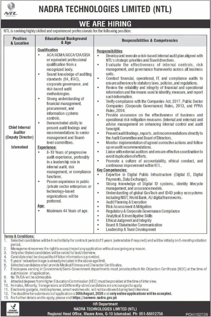 NADRA Technologies Limited Jobs 2026: Chief Internal Auditor Job