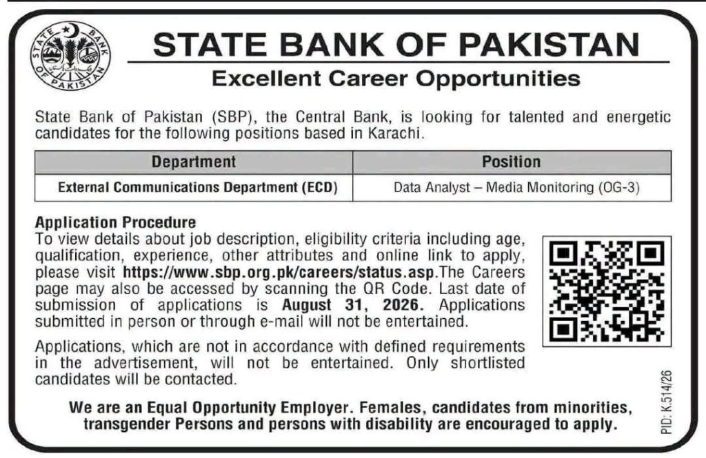 State Bank of Pakistan Jobs 2026: Apply for Data Analyst
