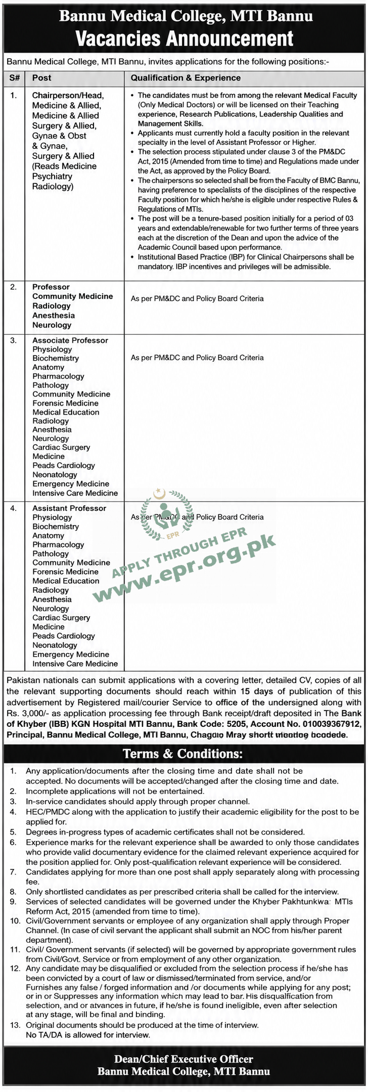 Bannu Medical College MTI Bannu Jobs 2026 in KPK