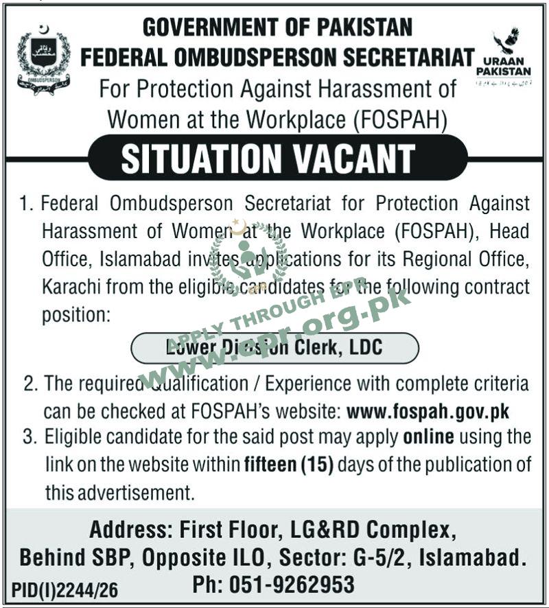 Federal Ombudsperson Secretariat Jobs 2026 in Karachi