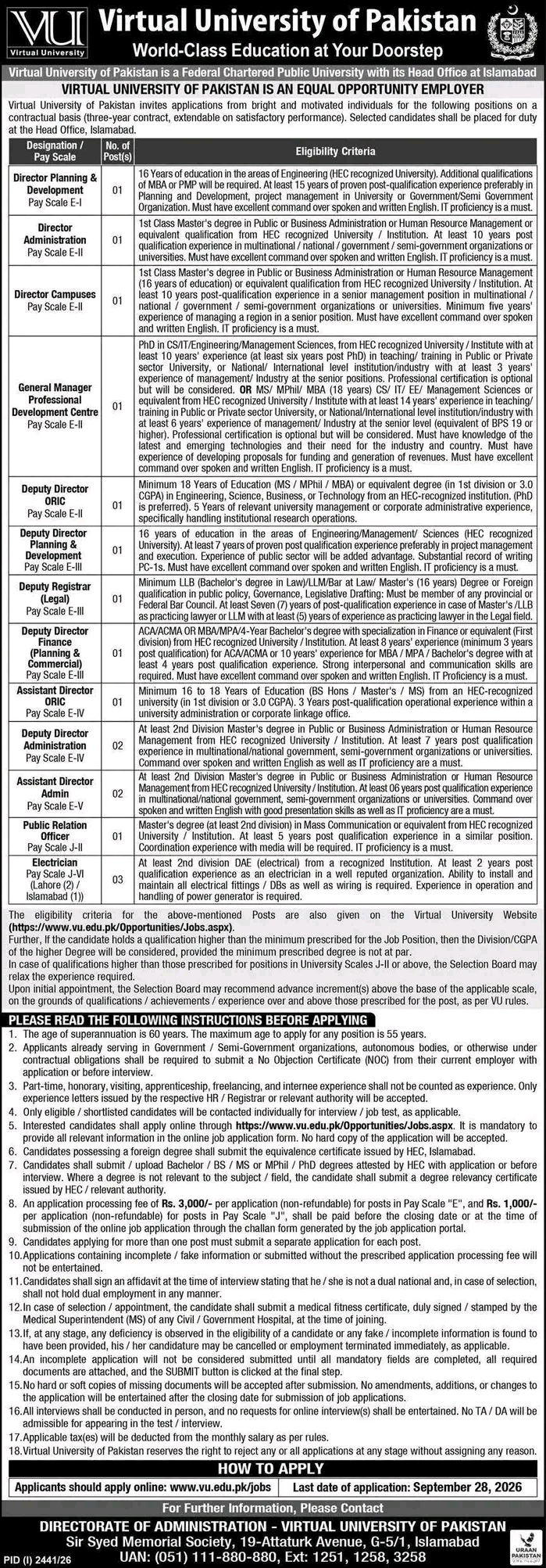 Virtual University of Pakistan Jobs 2026 – Multiple Positions Available in Islamabad