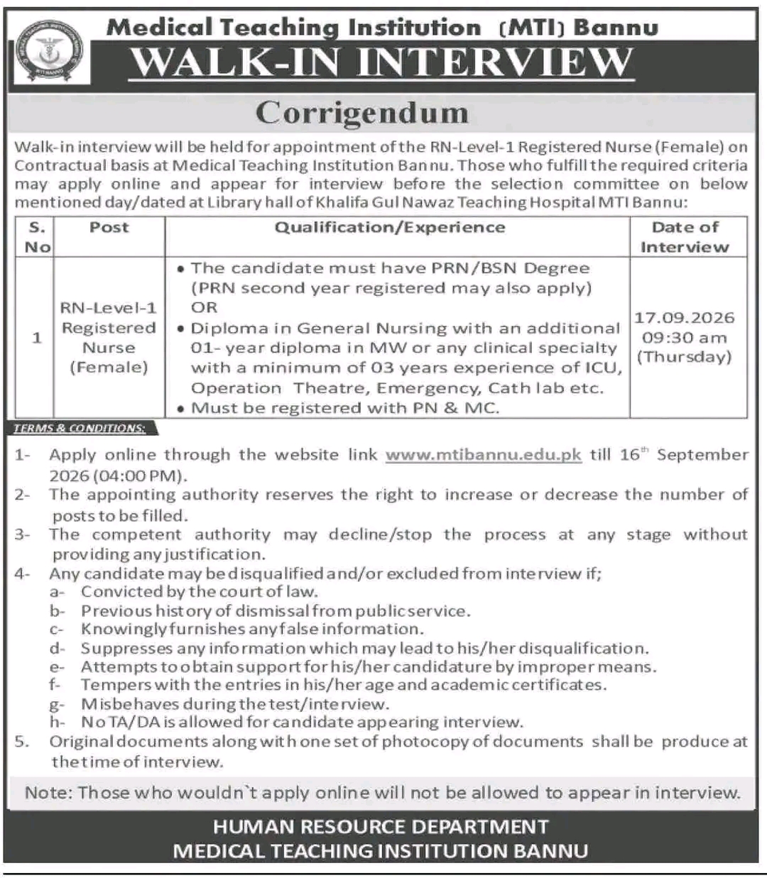 MTI Bannu Jobs 2026 – Registered Nurse Vacancies