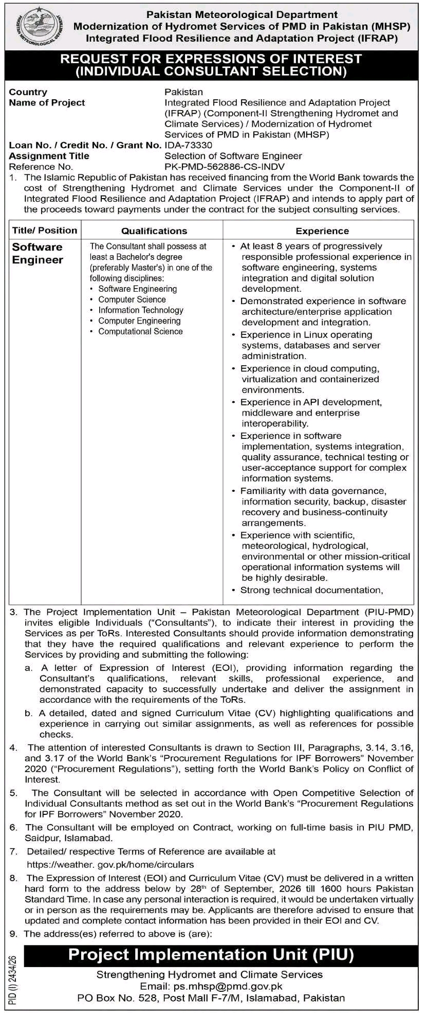 Pakistan Meteorological Department Jobs 2026 – Software Engineer Position in Islamabad