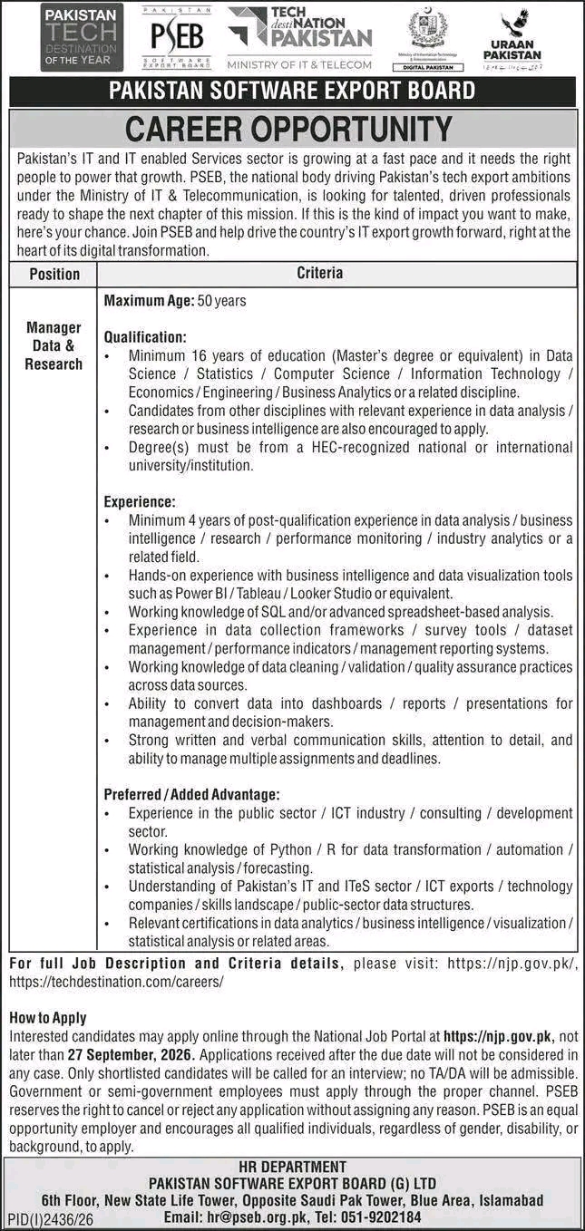 Latest PSEB Career Opportunities 2026 – Manager Data & Research Position in Islamabad 1 Latest PSEB Career Opportunities 2026 – Manager Data & Research Position in Islamabad