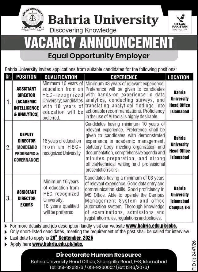Bahria University Jobs 2026 – Latest Vacancies in Islamabad