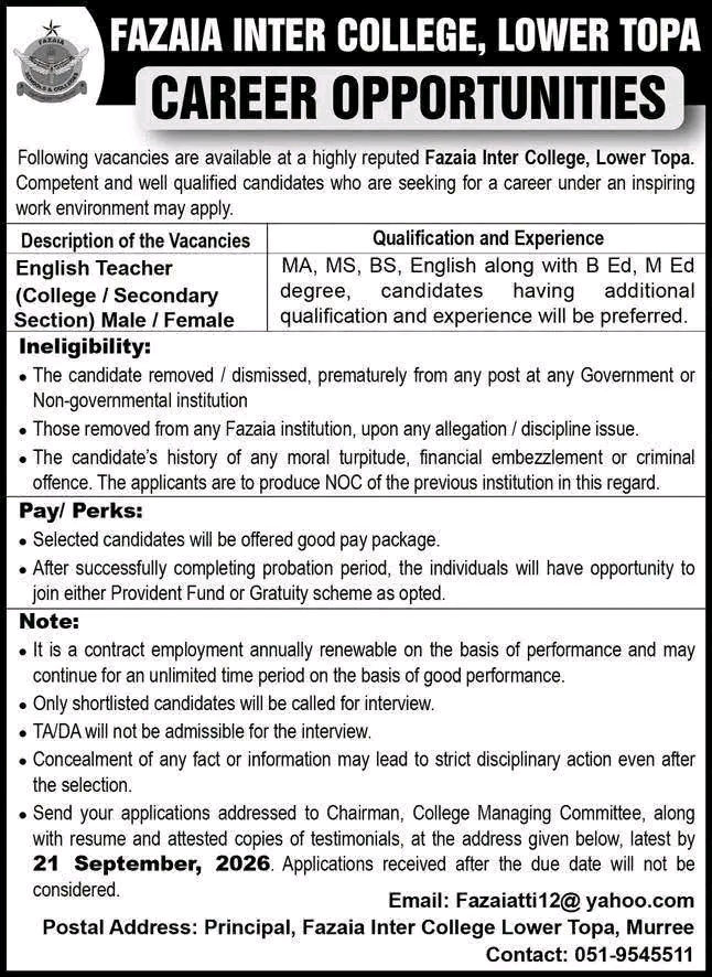 Fazaia Inter College Jobs 2026 – English Teacher Positions in Lower Topa in Murree