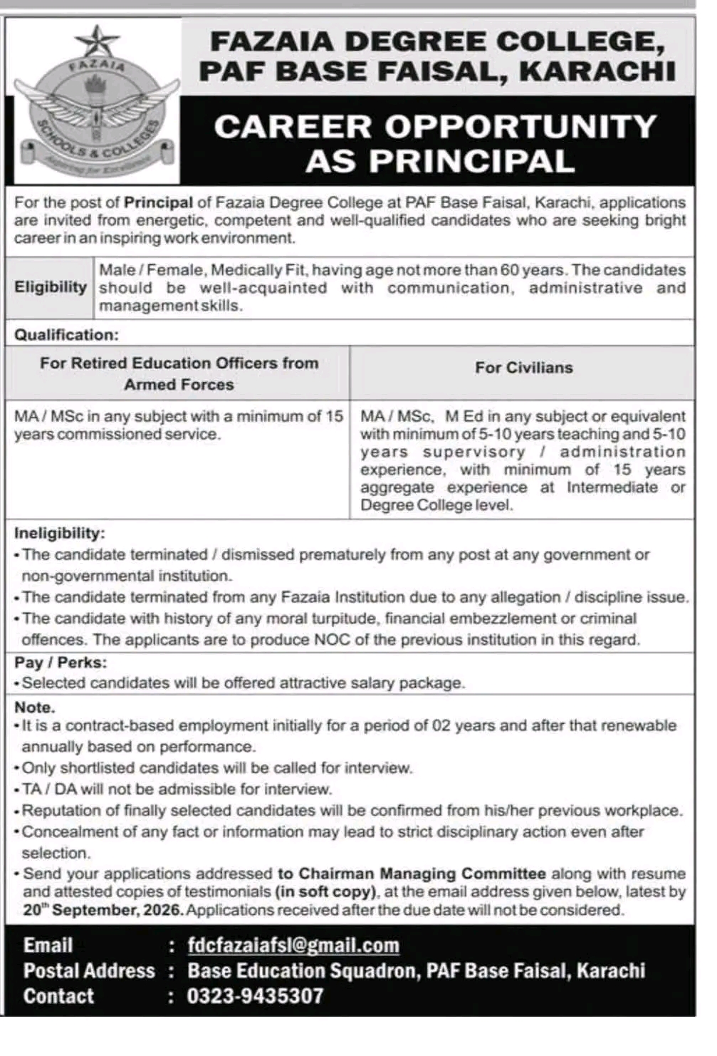 Fazaia Degree College Jobs 2026 – Principal Position in Karachi 1 Fazaia Degree College Jobs 2026 – Principal Position in Karachi