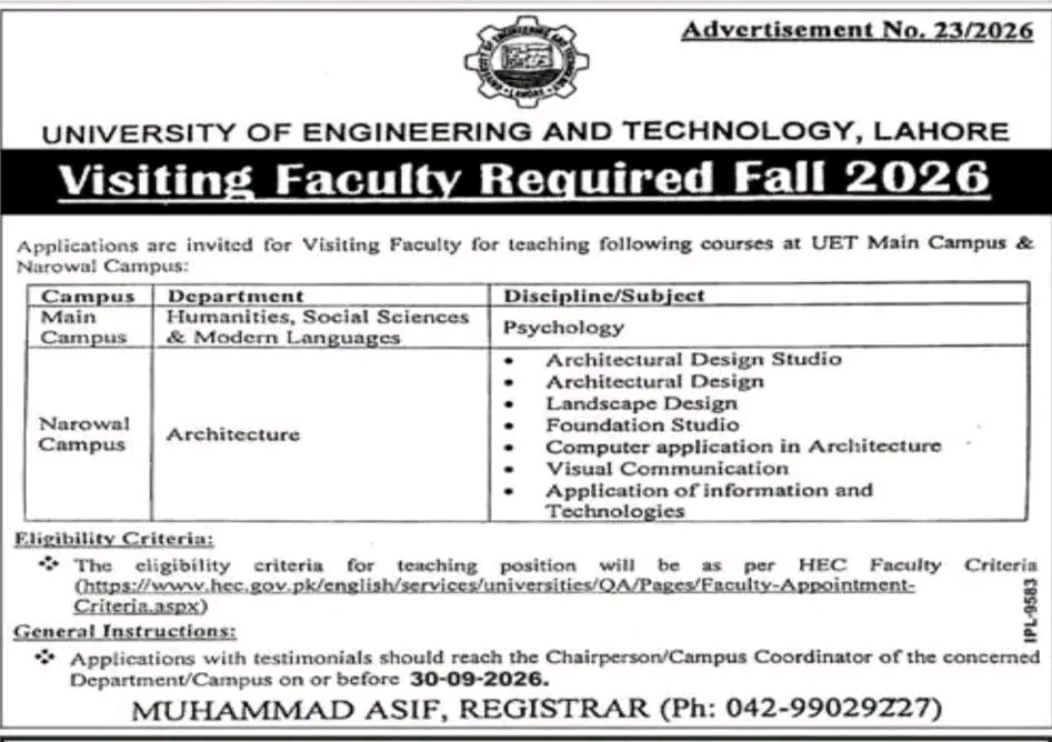 UET Lahore Visiting Faculty Jobs 2026 1 UET Lahore Visiting Faculty Jobs 2026