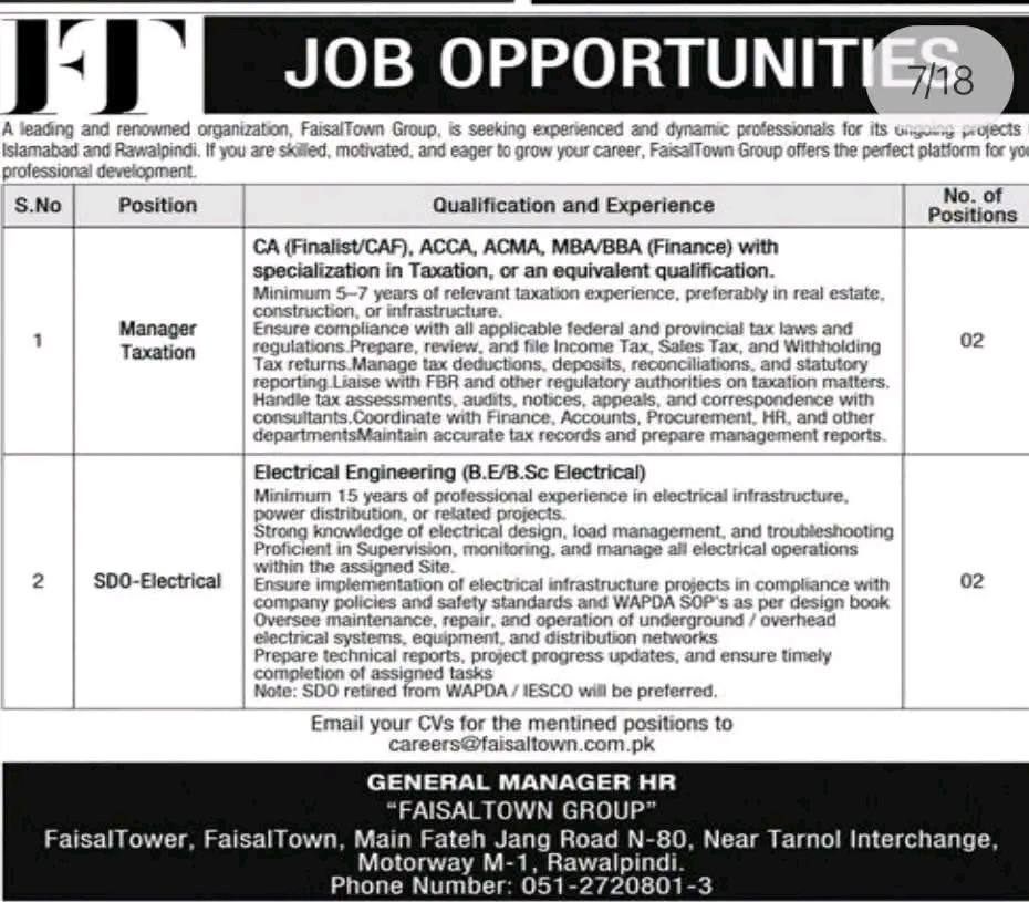 FaisalTown Group Jobs 2026 – Latest Manager and SDO-Electrical Positions in Islamabad