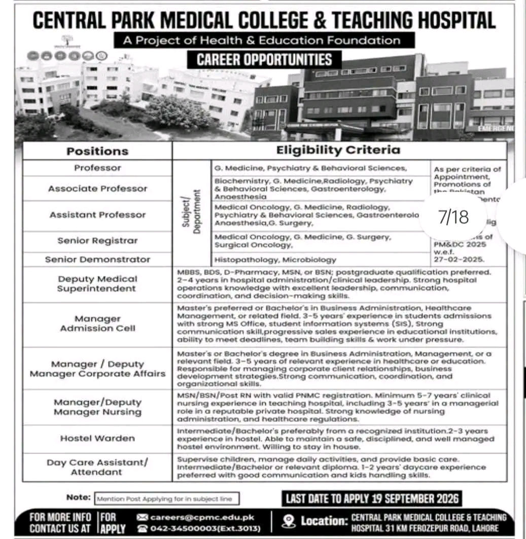 Central Park Medical College Jobs 2026 – Latest Career Opportunities in Lahore