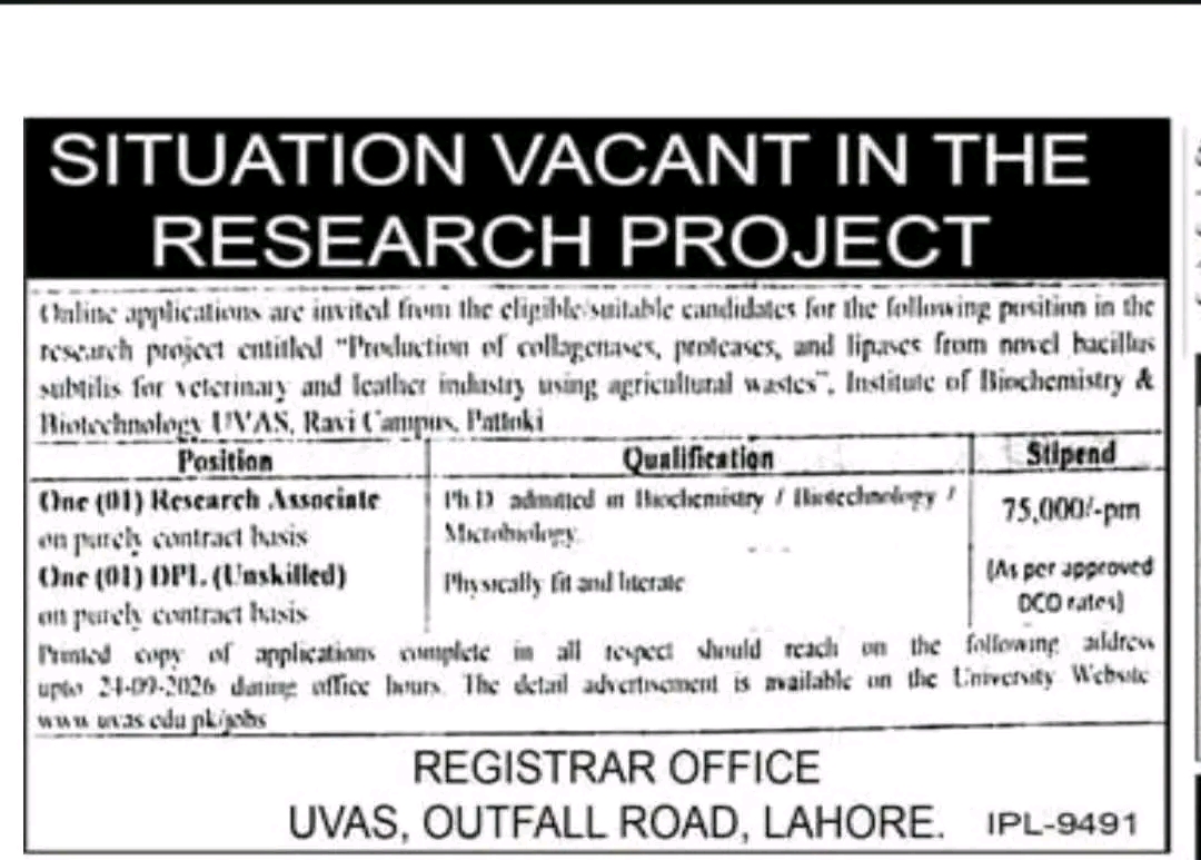 UVAS Jobs 2026 – Research Associate and DPL Positions in Lahore