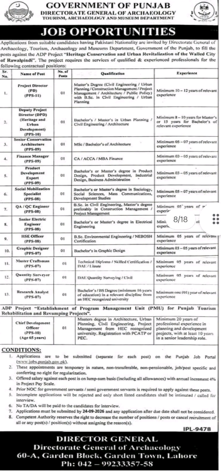 Directorate General of Archaeology Jobs 2026 – Latest Opportunities in Punjab in Lahore