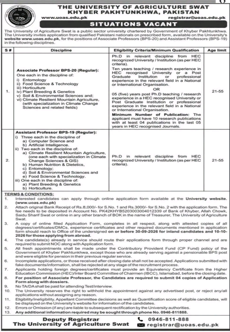 University of Agriculture Swat Jobs 2026 – Apply Now for Teaching Positions