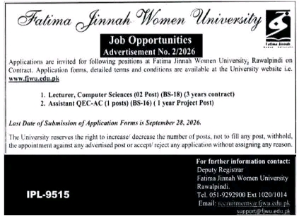 Fatima Jinnah Women University Jobs 2026 – Lecturer & Assistant Positions in Rawalpindi