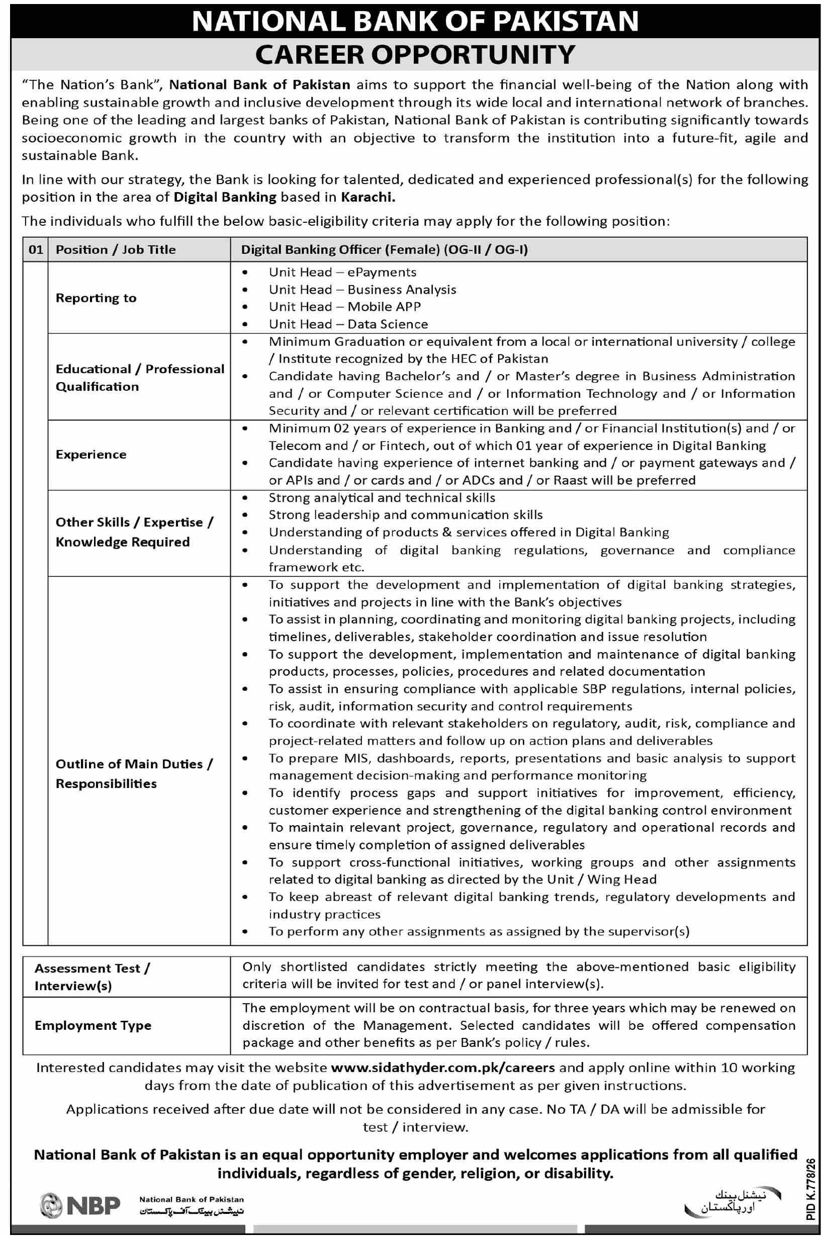 National Bank of Pakistan Digital Banking Officer Jobs 2026 in Karachi